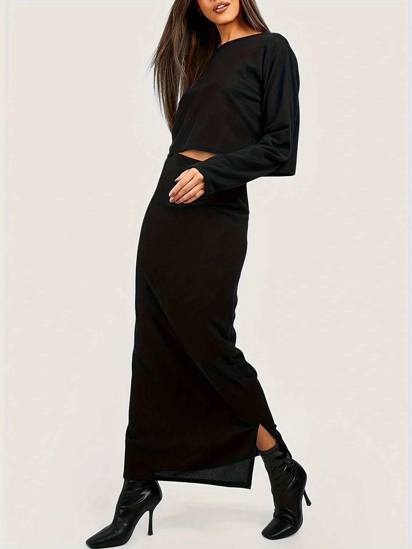 Elegant Solid Two-piece Skirt Set, Crew Neck Long Sleeve Top & High Waist Slit Skirts Outfits, Women's Clothing - Deanwangkt