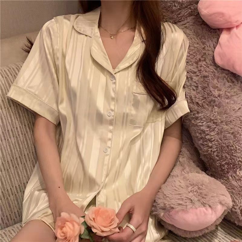 deanwangkt Summer Leopard Print Silk Ice Silk Pajamas Women's Short-Sleeved Shorts Cardigan Home Service Suit Pyjamas Women Pj Sets - Deanwangkt