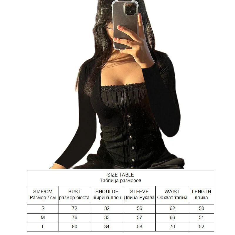 Long Sleeve T-Shirt Black Top Women Patchwork Lace Crop Top Winter Spring Women Pulovers Sexy Skinny V Neck Tees 90s Y2K Clothes - Deanwangkt