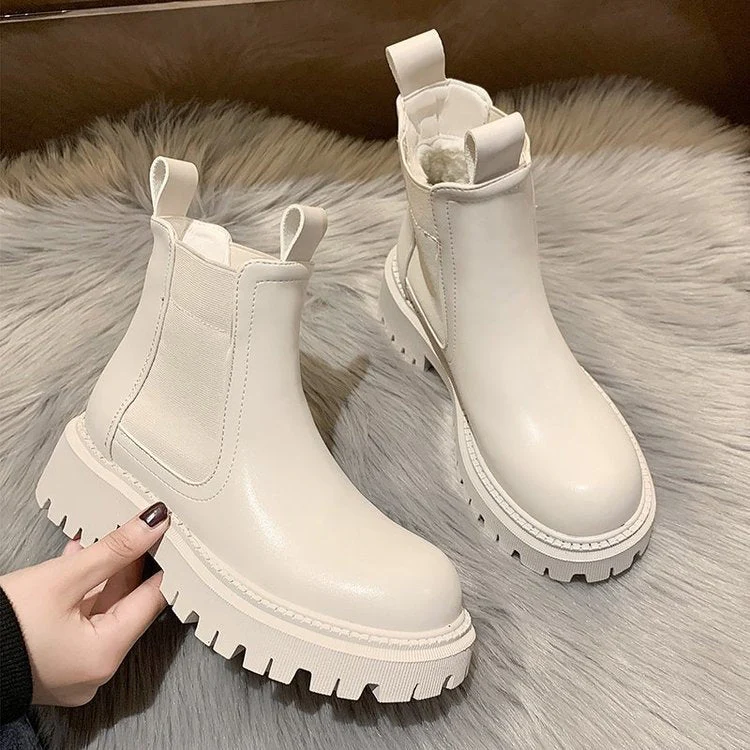 DEANWANGKT Christmas Gift  New Chunky Boots Fashion Platform Women Ankle Female Sole Pouch Ankle Botas Mujer Round Toe Slip-On Botas Altas Mujer - Deanwangkt