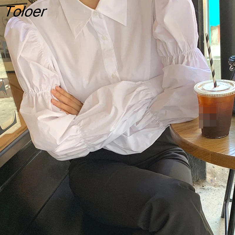 deanwangkt  White Puff Sleeve Women's Shirts Korean Style Single-breasted Long Sleeve Blouse Woman Turn Down Collar Blusas Mujer - Deanwangkt