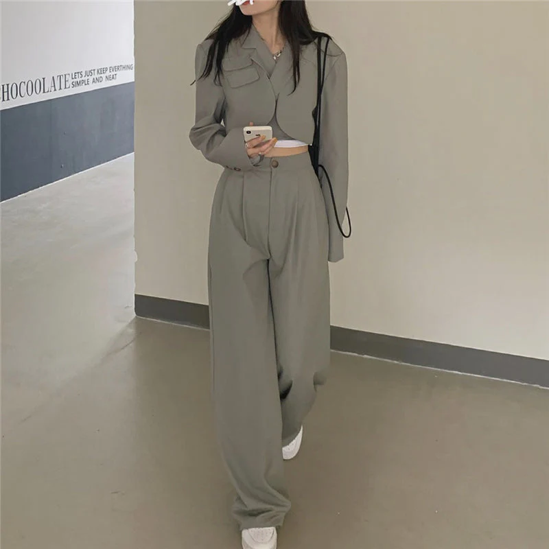 Korean summer Two Piece Set Women Crop Top Sexy Lace-up Blazer Coat + High Waist Pants Suit Sets Streetwear 2 Piece Sets Women - Deanwangkt