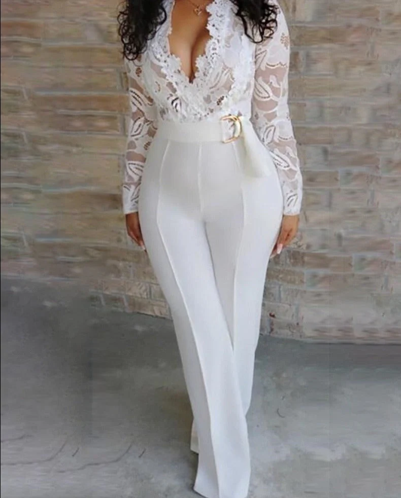 deanwangkt  Jumpsuit Women Overalls Party Lace Rompers White Bodysuit Long Sleeve V-neck Long Pants Y2k Elegant Autumn Spring Outfits Work - Deanwangkt