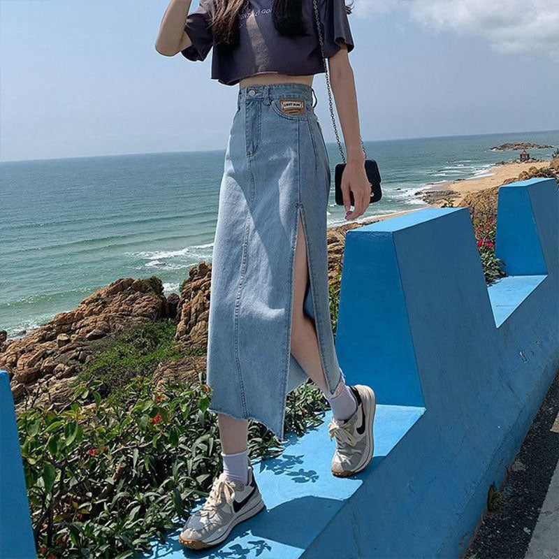 deanwangkt Hem Single Slits Zipper A-Line High Waist Side Slit Denim Casual Long Skirt Female Summer  New Thin Girl Bag Hip Ins Tide - Deanwangkt