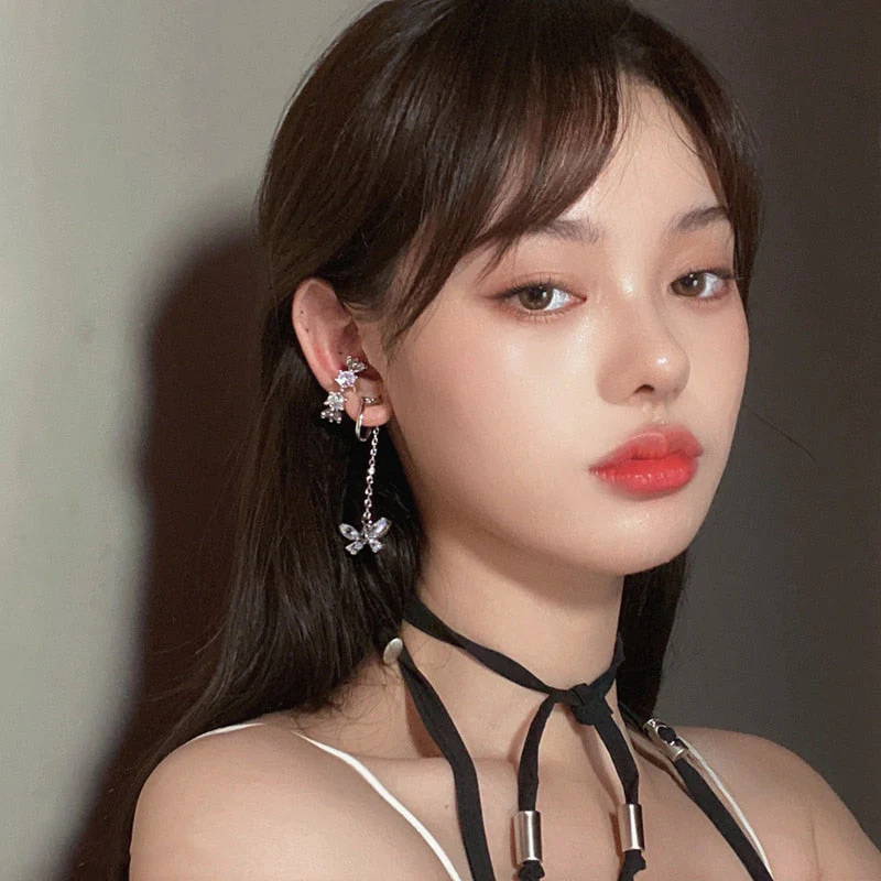 Korean Delicate Zircon Butterfly Clip Earrings For Women Girls Fashion Shiny Circle No Piercing Cartilage Ear Jewelry - Deanwangkt