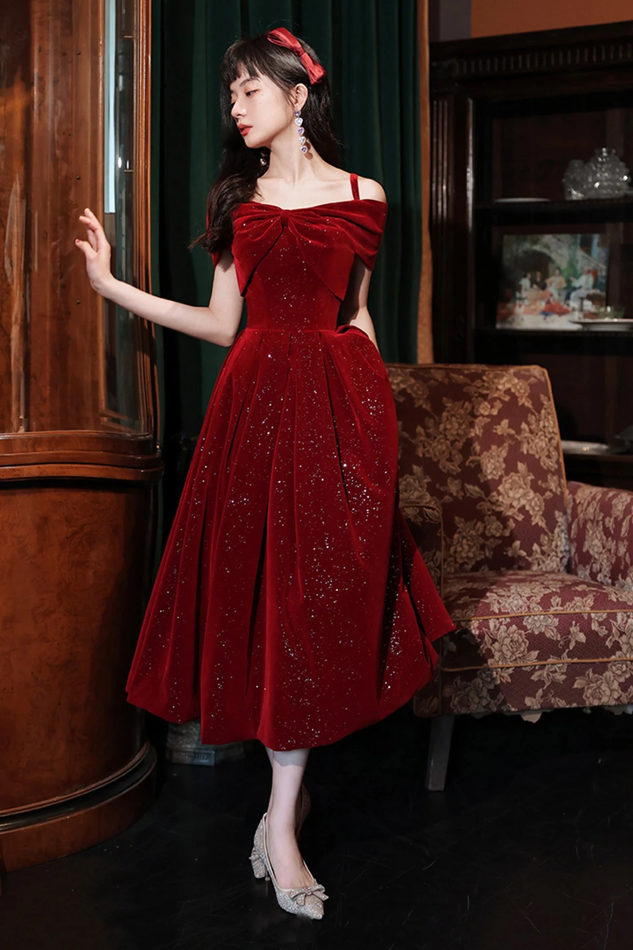 solvbao Burgundy Velvet Off the Shoulder Prom Dress, A-Line Party Dress - Deanwangkt