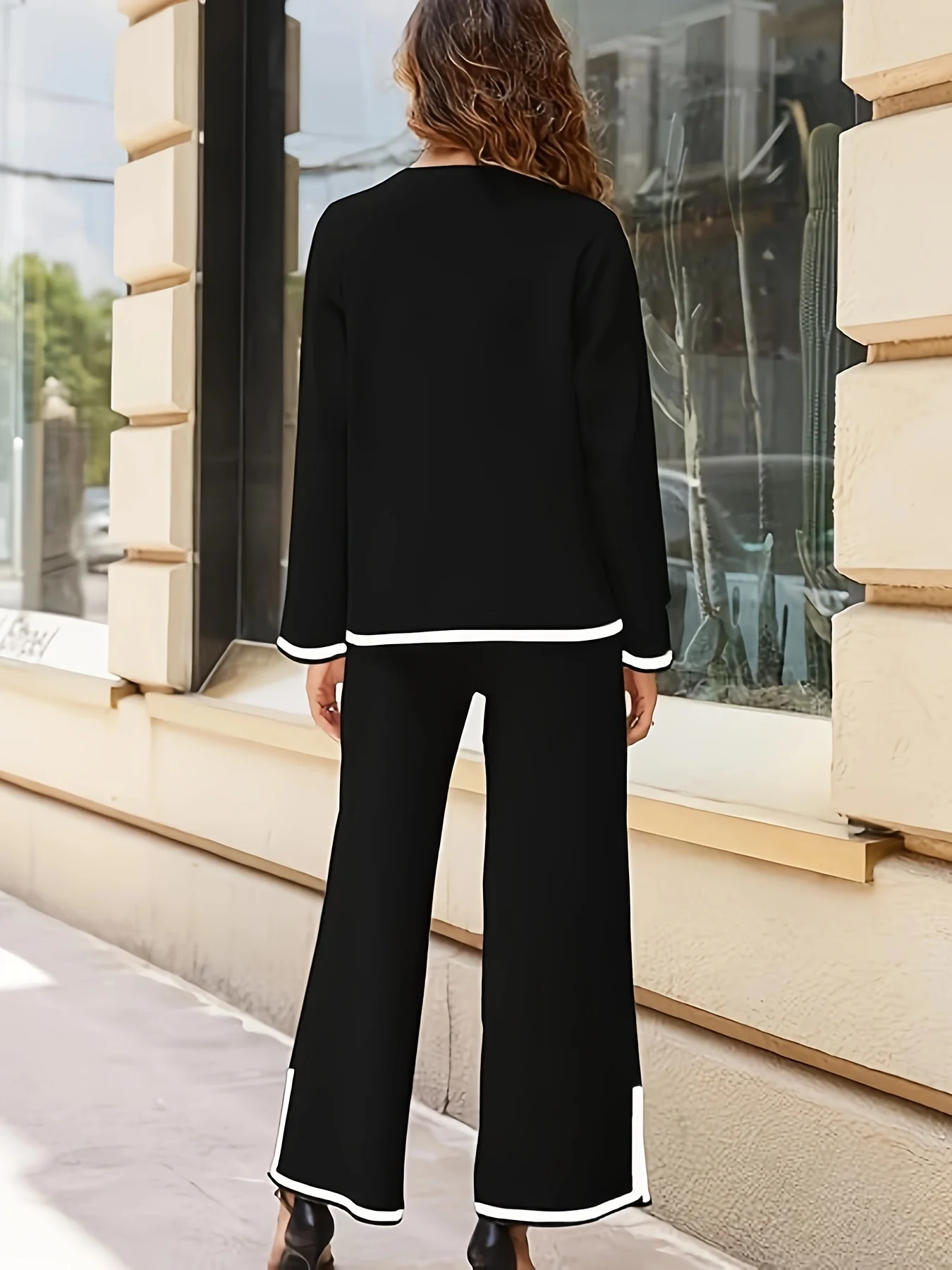 deanwangkt-1  Contrast Trim Two-piece Set, Crew Neck Long Sleeve Top & Elastic Waist Pants Outfits, Women's Clothing - Deanwangkt