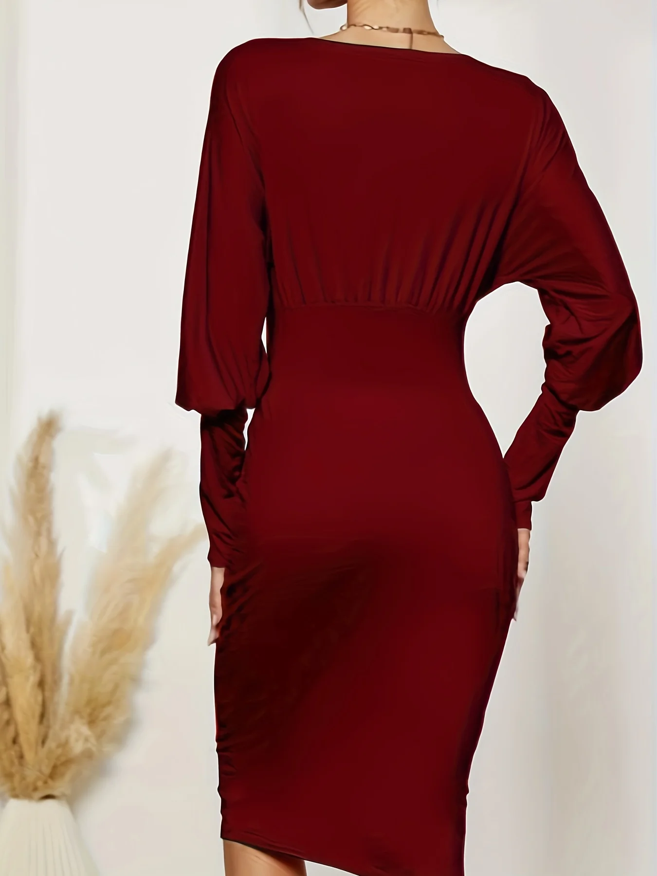 Solid Batwing Sleeve Slim Dress, Elegant Boat Neck Cinched Waist Dress, Women's Clothing - Deanwangkt