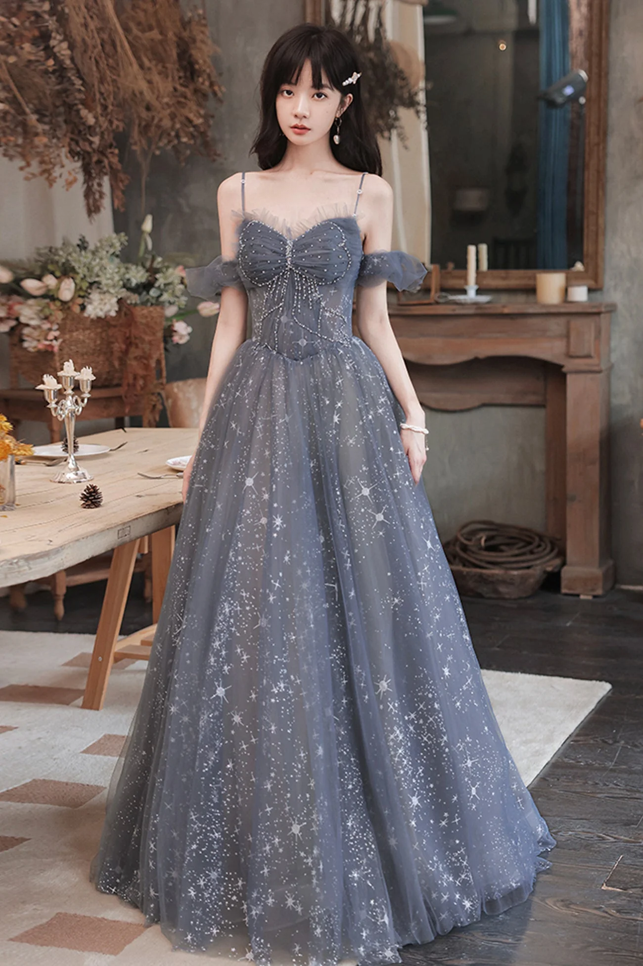 solvbao Gray Blue Tulle Long Prom Dresses, A-Line Spaghetti Straps Evening Dresses - Deanwangkt