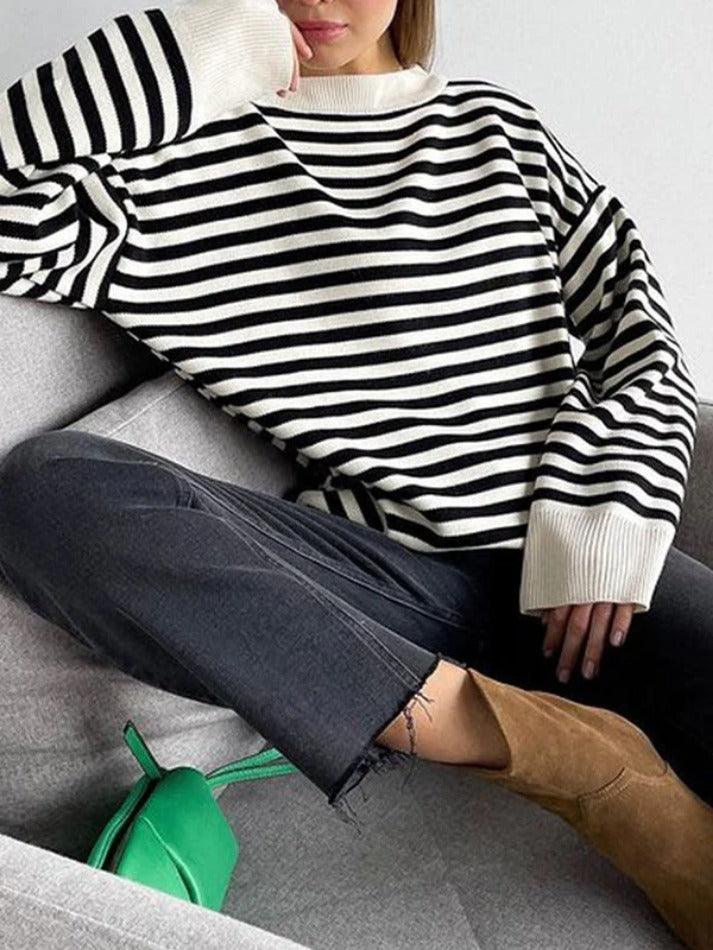 deanwangkt - Stripe Drop Shoulder Slit Loose Sweater - Deanwangkt