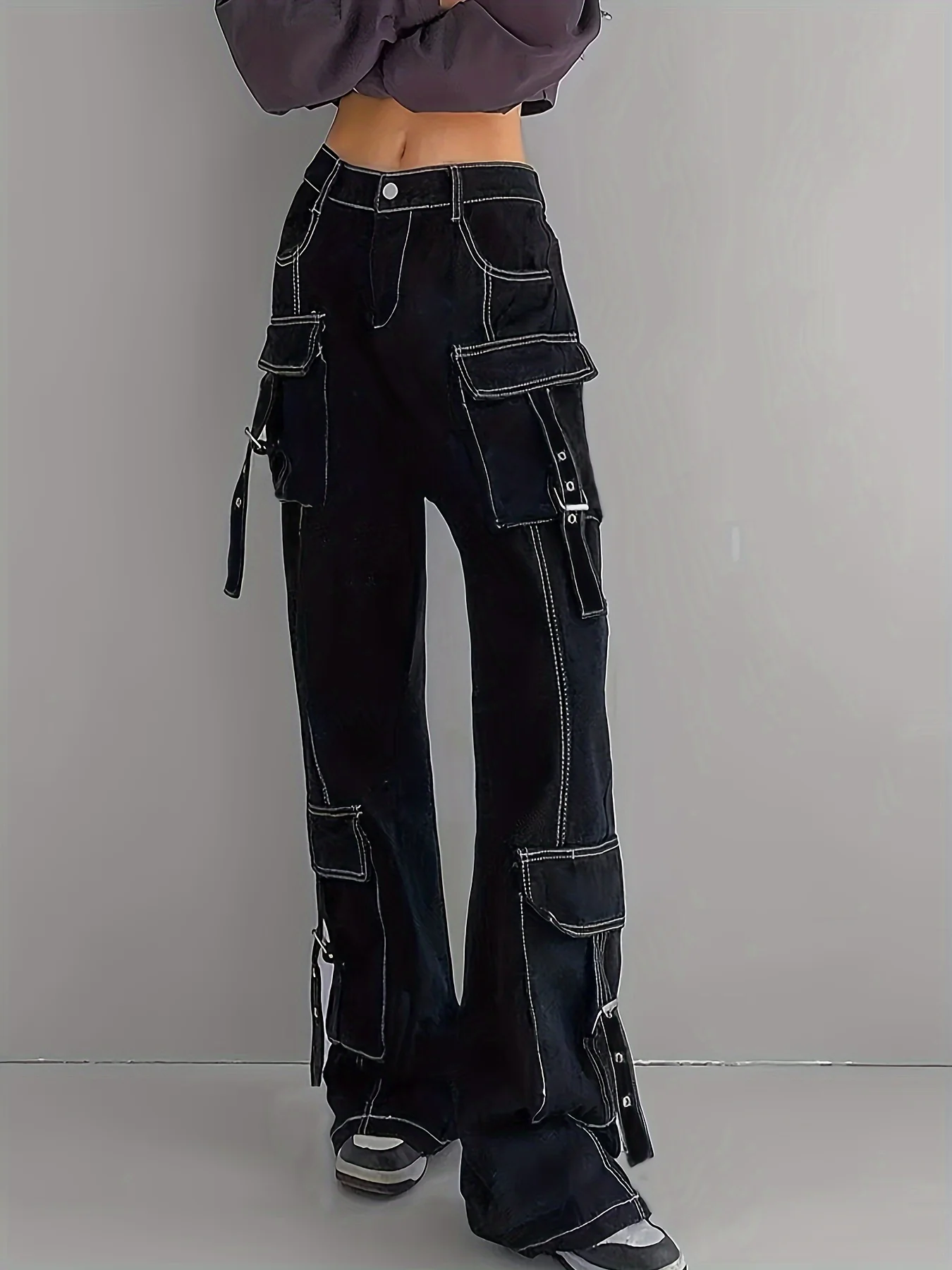 deanwangkt-1 Flap Pockets Chic Cargo Pants, Loose Fit Non-Stretch Wide Legs Jeans, Women's Denim Jeans & Clothing - Deanwangkt