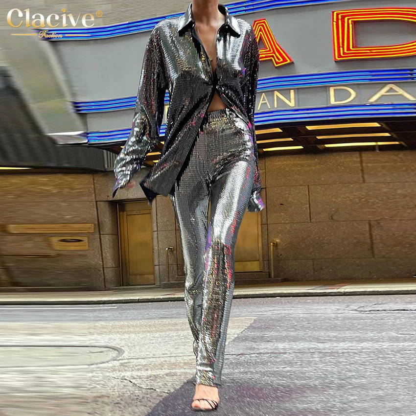 deanwangkt Fashion Loose Sliver Two Piece Sets Womens Outifits Elegant Lapel Long Sleeve Blouse With High Waist Pants Set Party - Deanwangkt