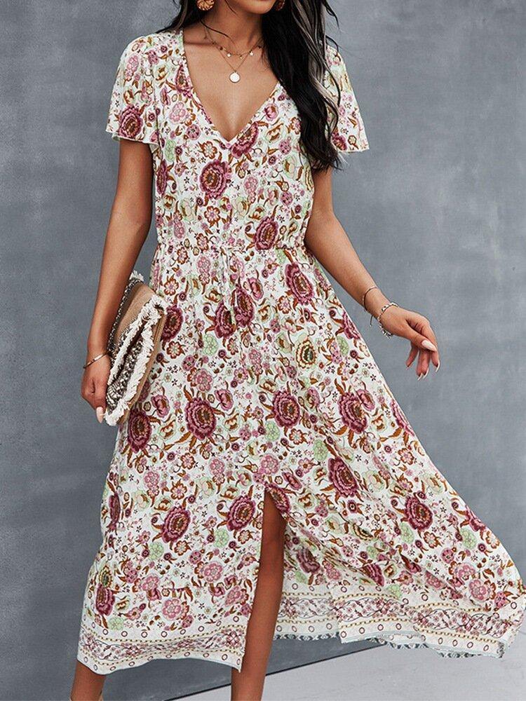 deanwangkt Flower Button Drawstring V-neck Short Sleeve Print Dress For Women - Deanwangkt