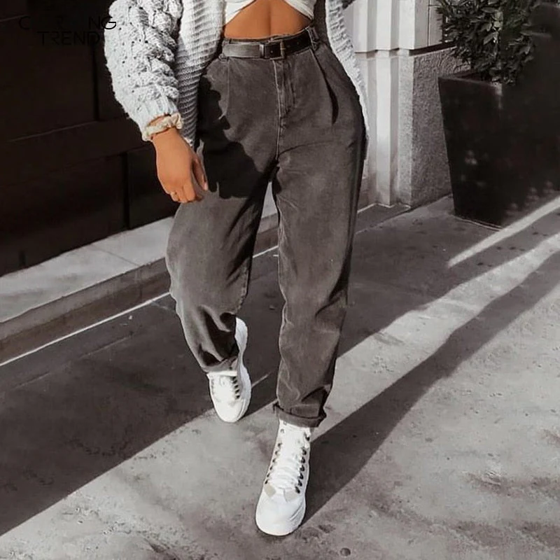 Woman Mom Casual Jeans Pants Boyfriend High Waist Denim Pants  New Autumn Retro Solid Comfortable Jeans Female Gray - Deanwangkt