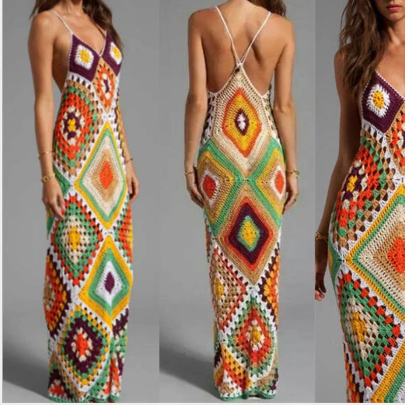 New handmade crochet colorful beach long dress cover up fashion women Spaghetti V neck bikini swimwear cover-ups dress - Deanwangkt