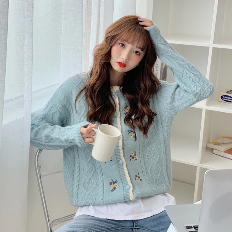 deanwangkt Vintage Flower Embroidery Cardigan Women Korean Style Button-Up Loose Sweater Coat Autumn Long Sleeve Knitted Jacket Female Tops - Deanwangkt