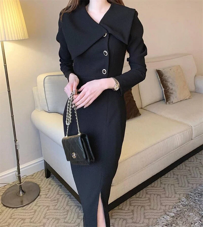 Joskka Fashion Solid Temperament Mid-Length Dress Korean Sweet Lapel Sexy Slim Hip Split Dress Women's  Fall Hoco Dress - Deanwangkt