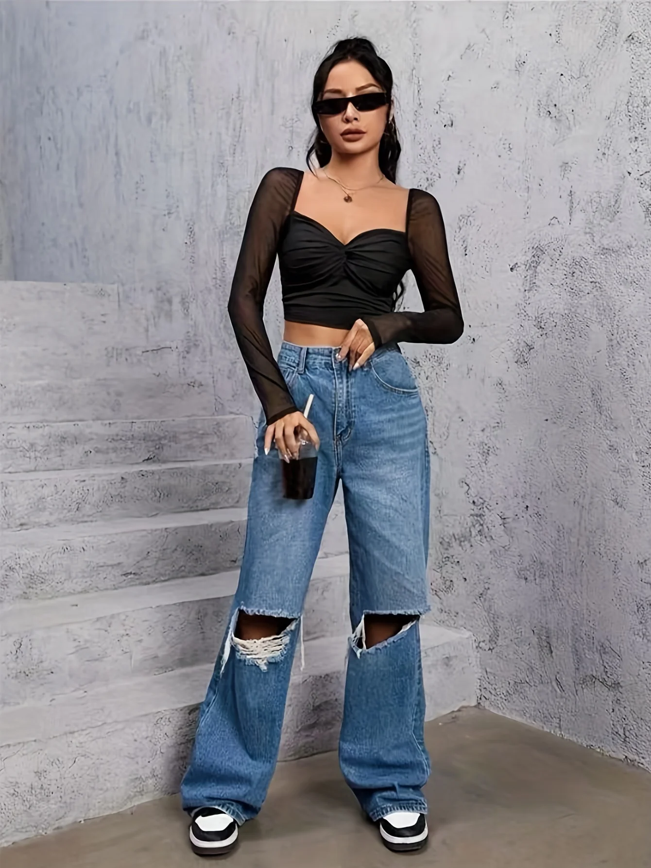 Sheer Lace Panel Cropped Top, Elegant Long Sleeve Twist Front Top, Women's Clothing - Deanwangkt