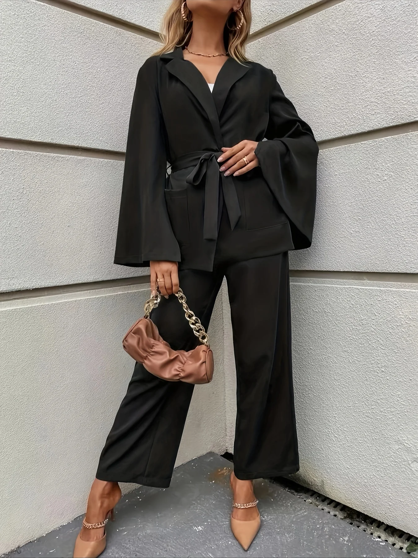 deanwangkt-1  Elegant Solid Two-piece Set, Split Sleeve Belted Blazer & Wide Leg Pants Outfits, Women's Clothing - Deanwangkt