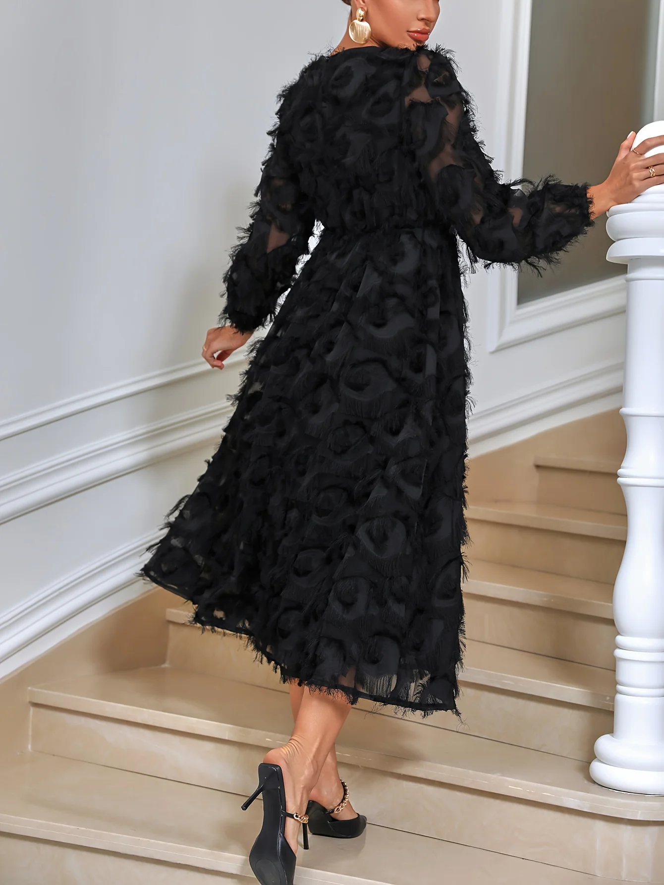 Fuzzy Solid Dress, Elegant Crew Neck Long Sleeve High Waist Dress, Women's Clothing - Deanwangkt