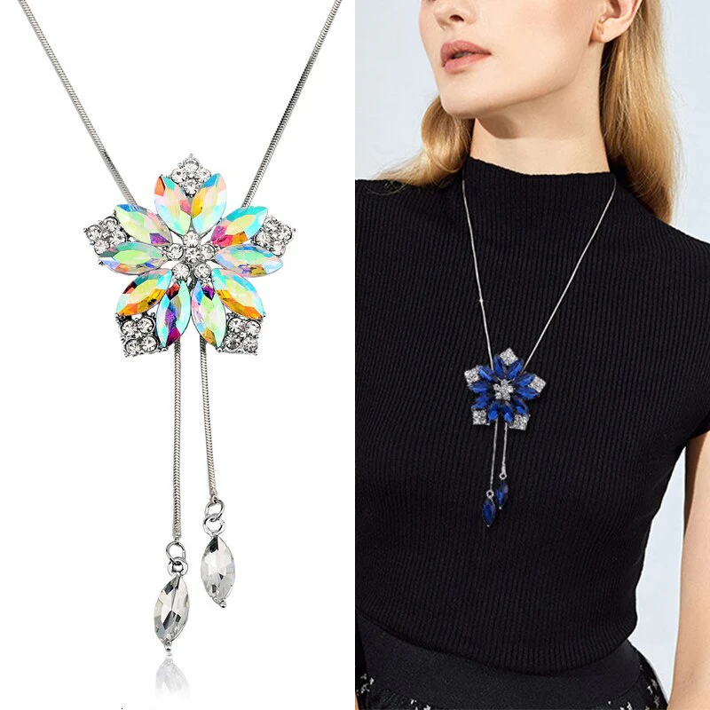 DEANWANGKT Sunflower Crystal Pendant Necklace Women Fashion Blue White Rhinestone Long Chain Necklaces & Pendants Jewelry - Deanwangkt