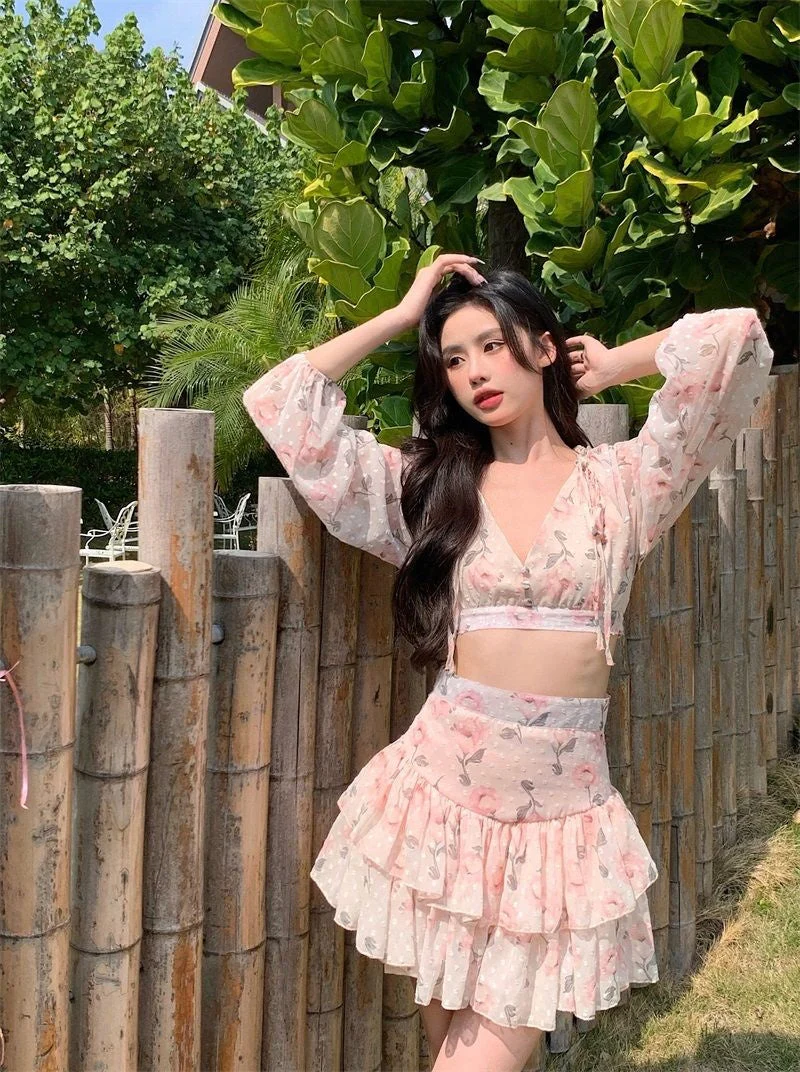 deanwangkt Spring Summer Sweet Two Piece Set Sexy Backless Shirt Crop Top + Cake Skirt Suits Floral Chiffon Boho Beach Outfits  Fairy Dress  For Women - Deanwangkt