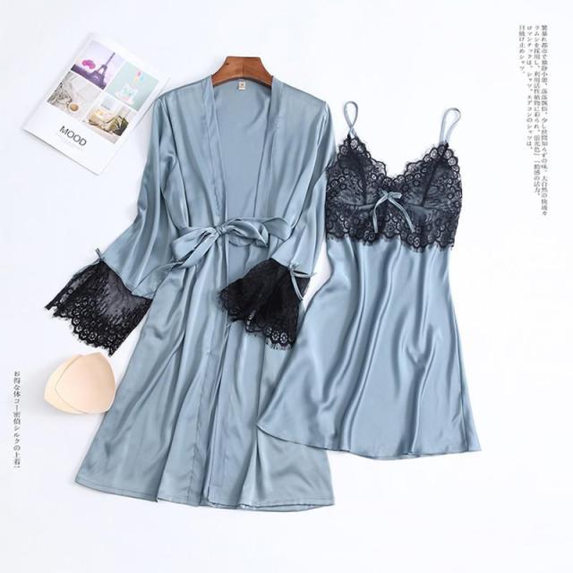 deanwangkt Women Robe Set Satin Sleepwear Lace Kimono Bathrobe Gown Sexy Nightwear Home Clothes Silky Bride Bridesmaid Dressing - Deanwangkt