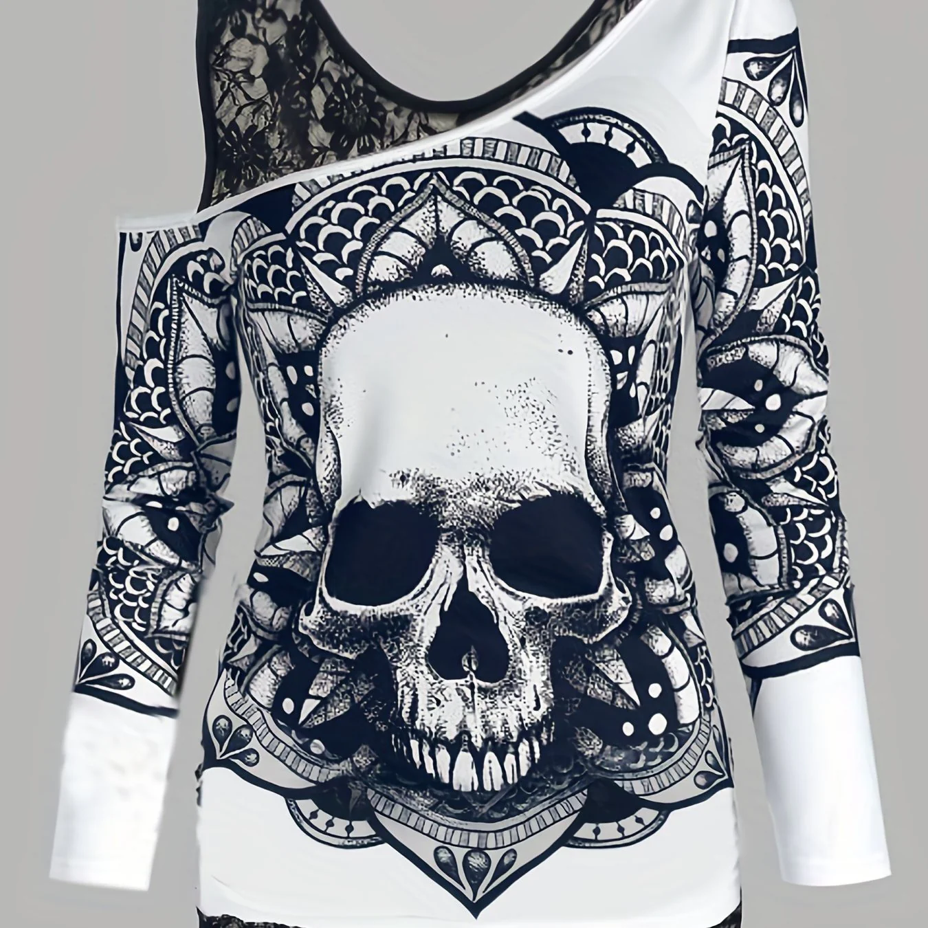 Plus Size Casual T-shirt, Women's Plus Skull & Mandala Print Contrast Lace Cold Shoulder Long Sleeve Slight Stretch T-shirt - Deanwangkt