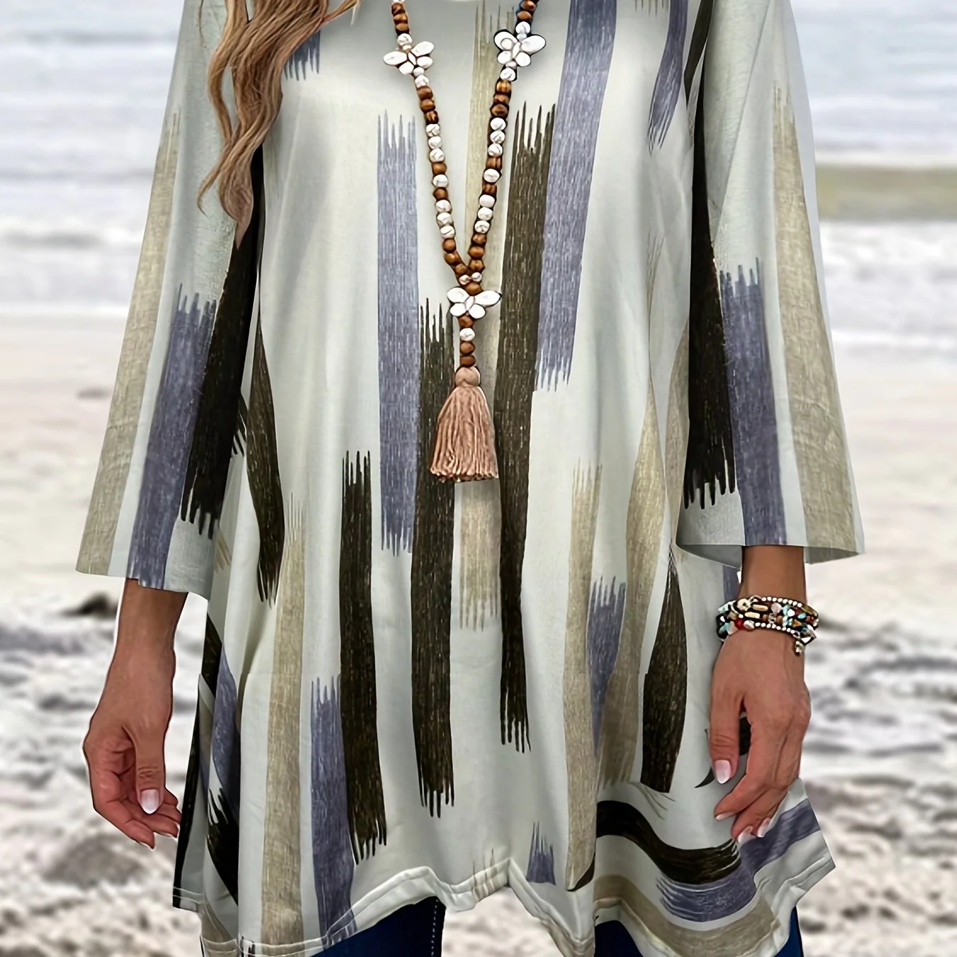 Plus Size Casual Top, Women's Plus Random Print Half Sleeve V Neck Slight Stretch Tunic Top - Deanwangkt