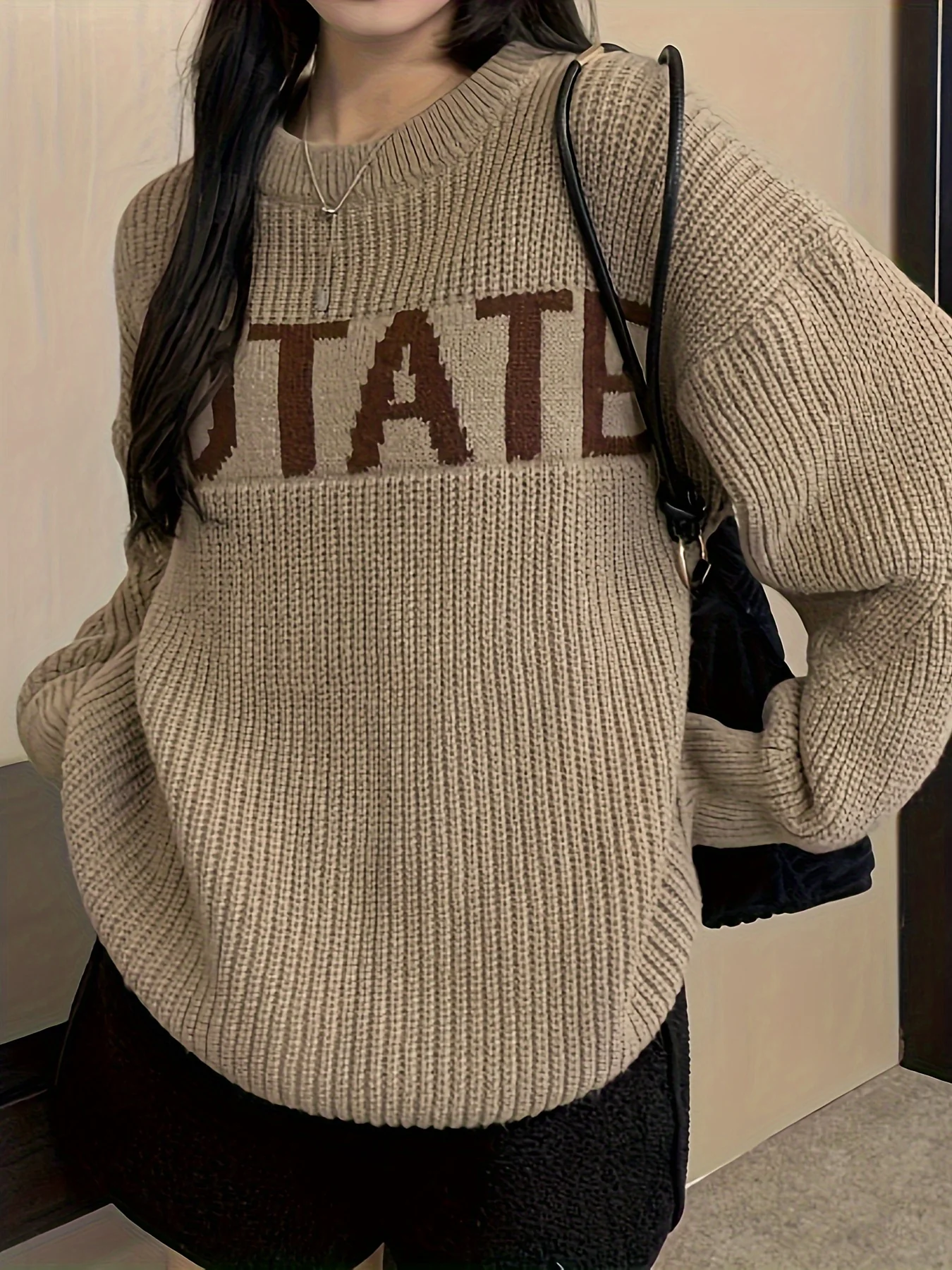 deanwangkt  Letter Pattern Crew Neck Pullover Sweater, Casual Long Sleeve Drop Shoulder Sweater, Women's Clothing - Deanwangkt