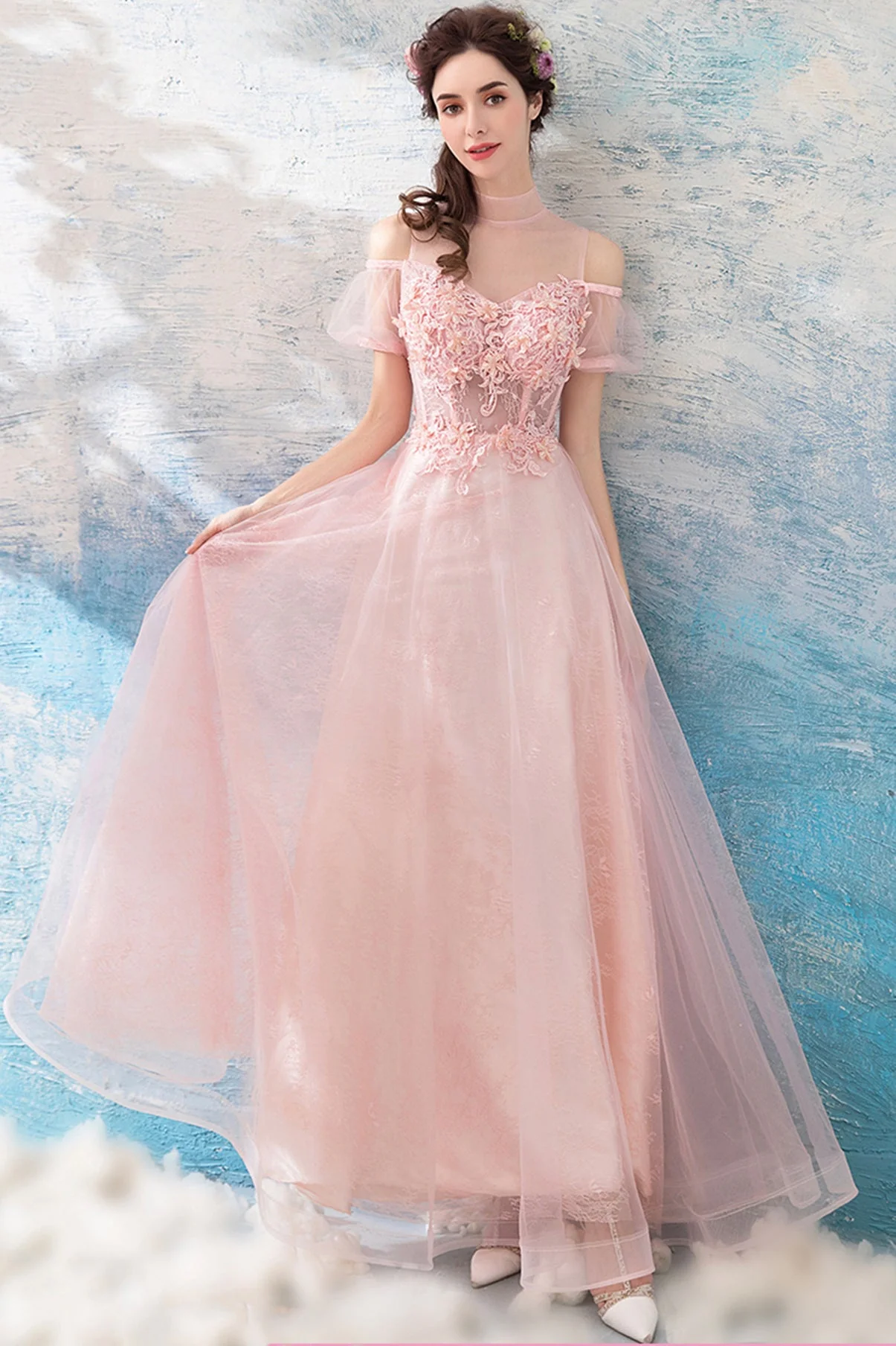 solvbao Pink Lace Long A-Line Prom Dresses, Lovely Pink Evening Dresses - Deanwangkt