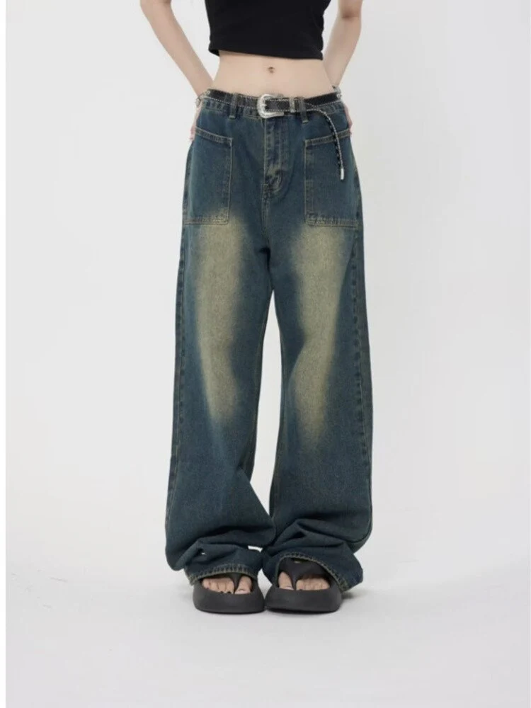 deanwangkt High Street Trendy Brand Jeans Women's Summer New Small Style Retro Straight Tube Floor Sweeping Design Women's Denim Pants - Deanwangkt