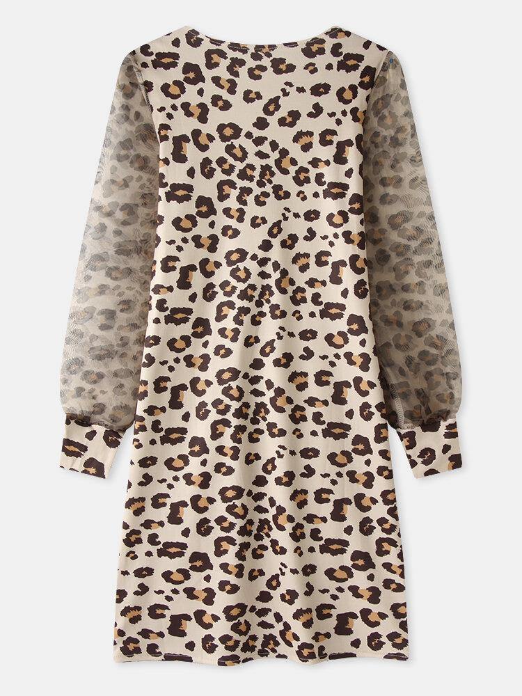 deanwangkt Women Leopard Twist V-Neck Elegant Long Sleeve Dress - Deanwangkt