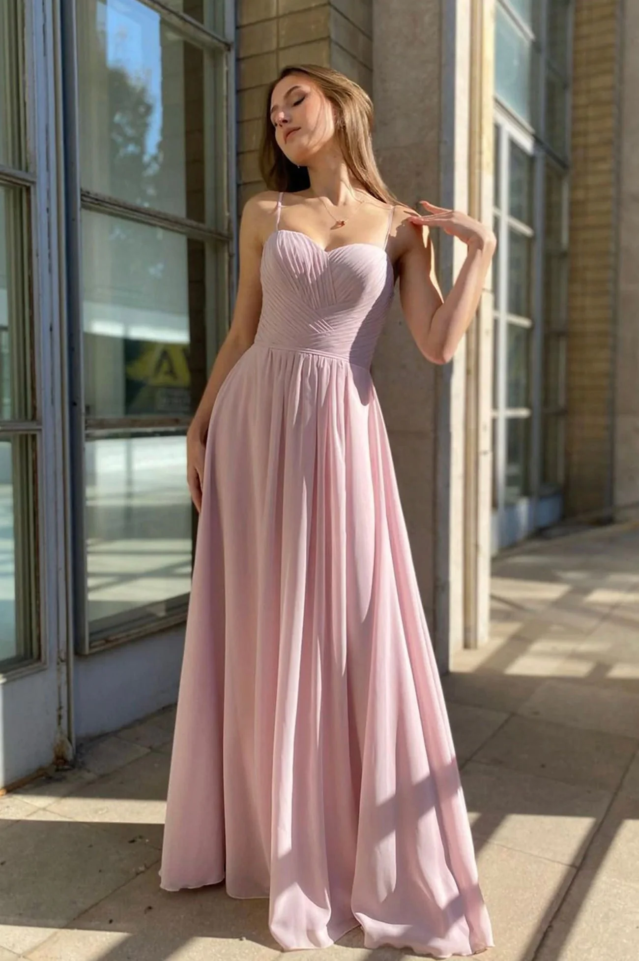 solvbao Pink Chiffon Long Simple Prom Dress, A-Line Spaghetti Strap Evening Dress - Deanwangkt