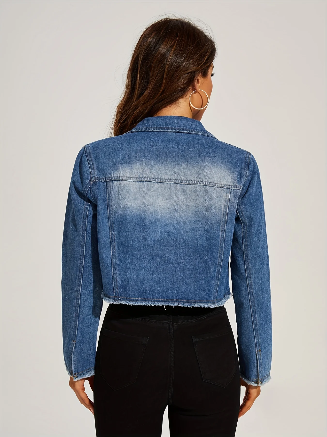 deanwangkt-1  Blue Frayed Trim Denim Jackets, Long Sleeves Single-Breasted Button Lapel Denim Coats, Women's Denim Clothing - Deanwangkt