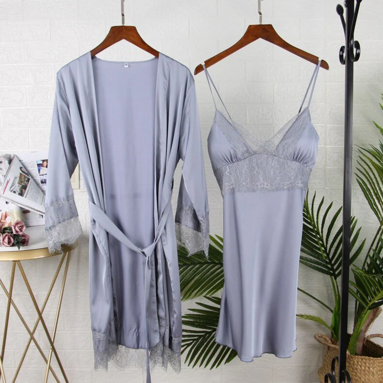 5PCS Pajamas Set Silk Satin Womens Lace Nightwear Spring Strap Pyjamas Suit Female Lounge Sleepwear with Chest Pads Home Wear - Deanwangkt