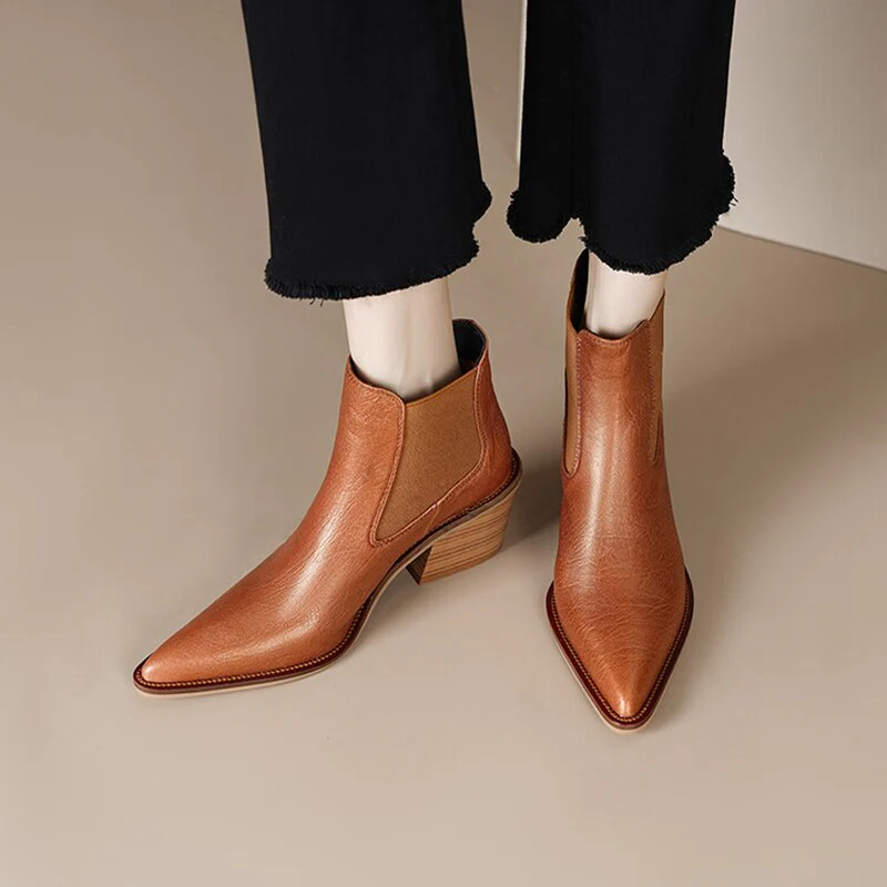 deanwangkt  fashion inspo    Autumn Boots Women Split Leather Shoes for Women Pointed Toe Ankle Boots Chunky Heel Shoes Western Boots казаки женские обувь - Deanwangkt