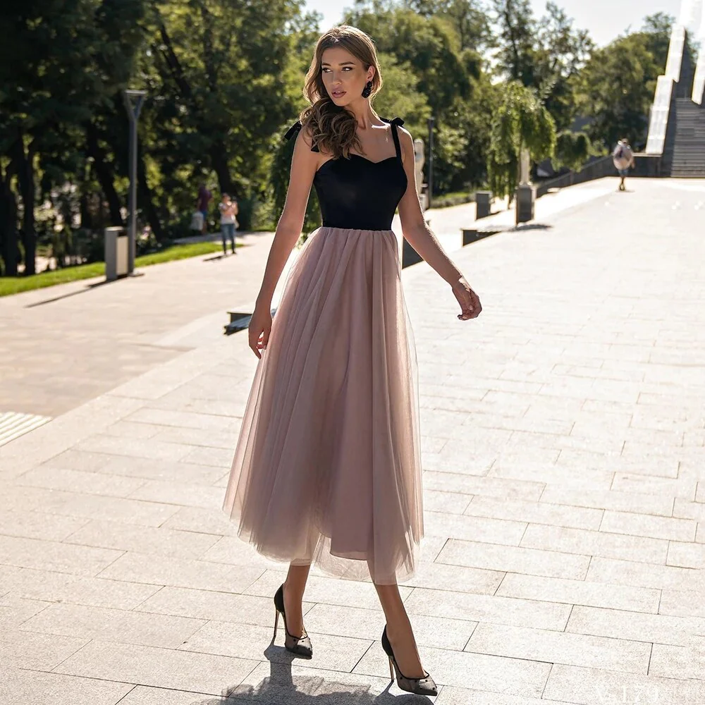 Tulle Spaghetti Prom Dresses A Line Velvet Top Sexy Girls Cocktail Dresses Tea Length Homecoming Dresses - Deanwangkt