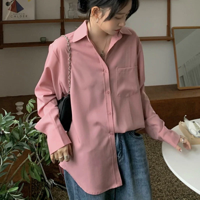 deanwangkt Shirts Women Pure Elegant Office Lady Simple Korean Style Leisure Long Sleeve Blouses Womens All-match Loose Daily Thin Chic New - Deanwangkt