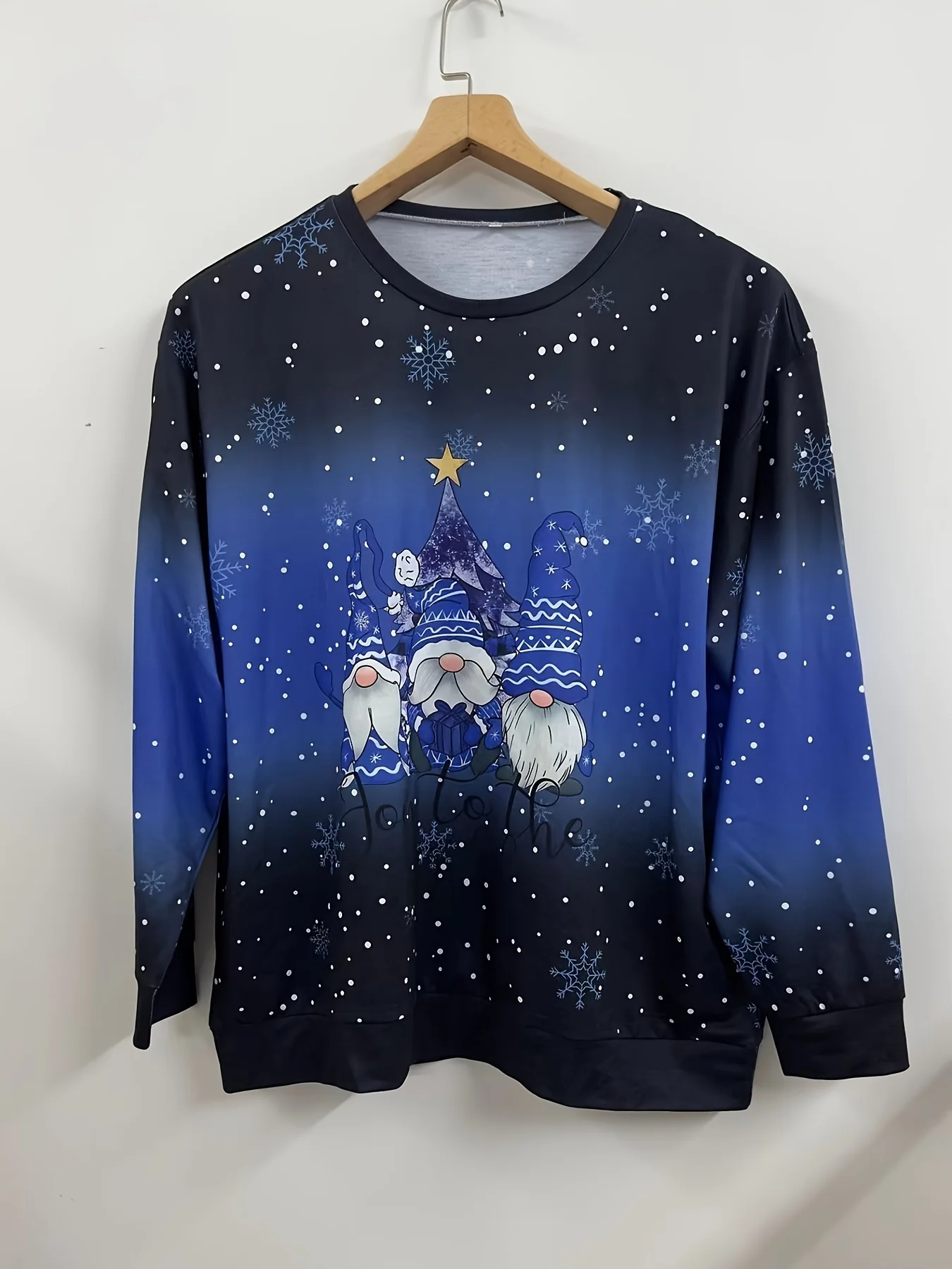 deanwangkt-1  Plus Size Christmas Casual Sweatshirt, Women's Plus Snowflake & Gnomes Print Long Sleeve Round Neck Medium Stretch Pullover Top - Deanwangkt