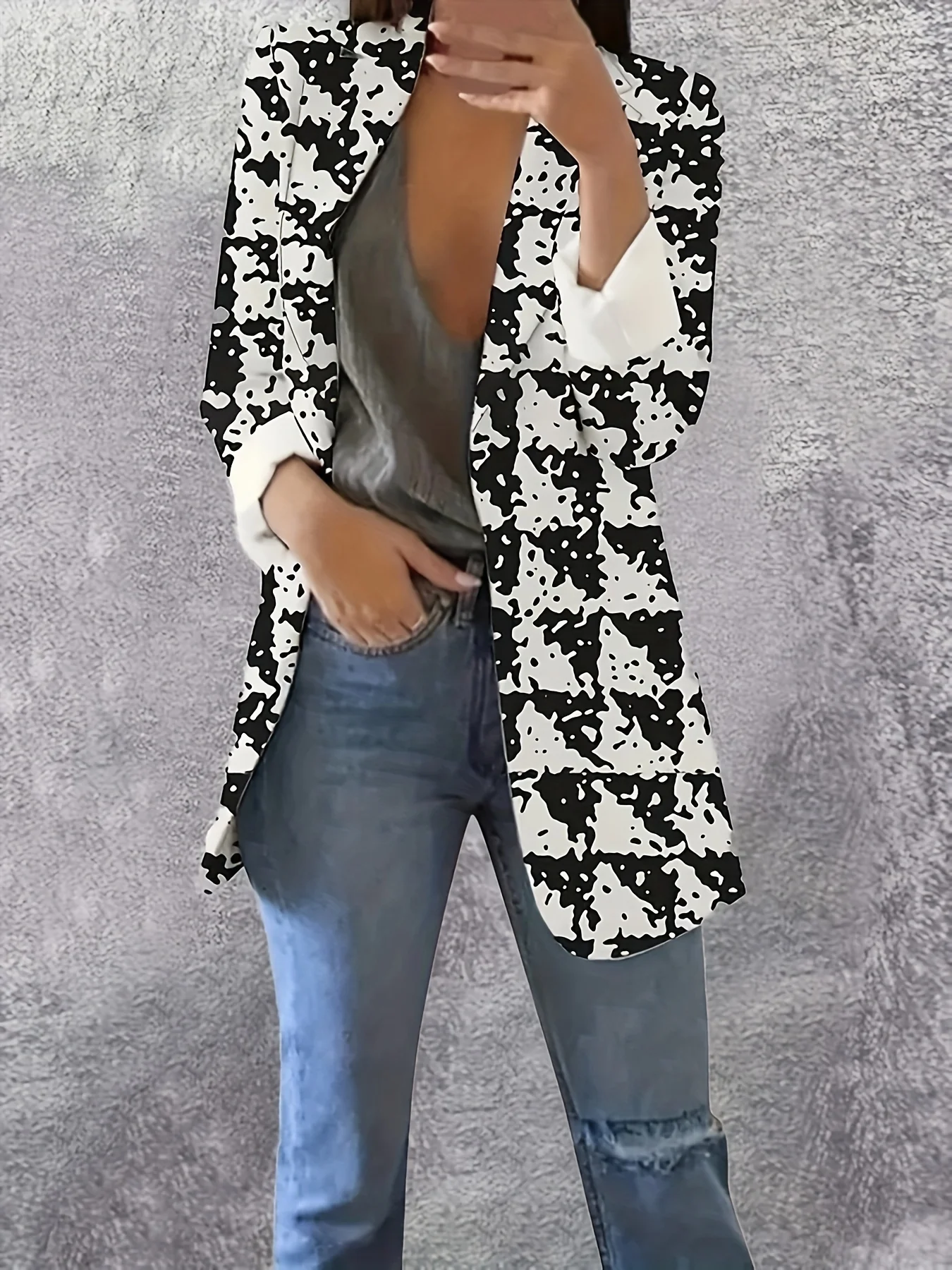 deanwangkt-1 Allover Print Open Front Blazer, Elegant Long Sleeve Blazer For Office & Work, Women's Clothing - Deanwangkt