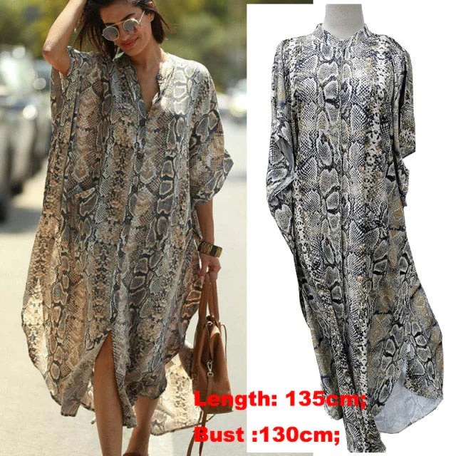 Cover-ups  Kaftan Beach Print SnakeSkin Swimsuit cover up Kimono Plage Beach Robe Femme Long Dress Sarong Dress Beachwear - Deanwangkt