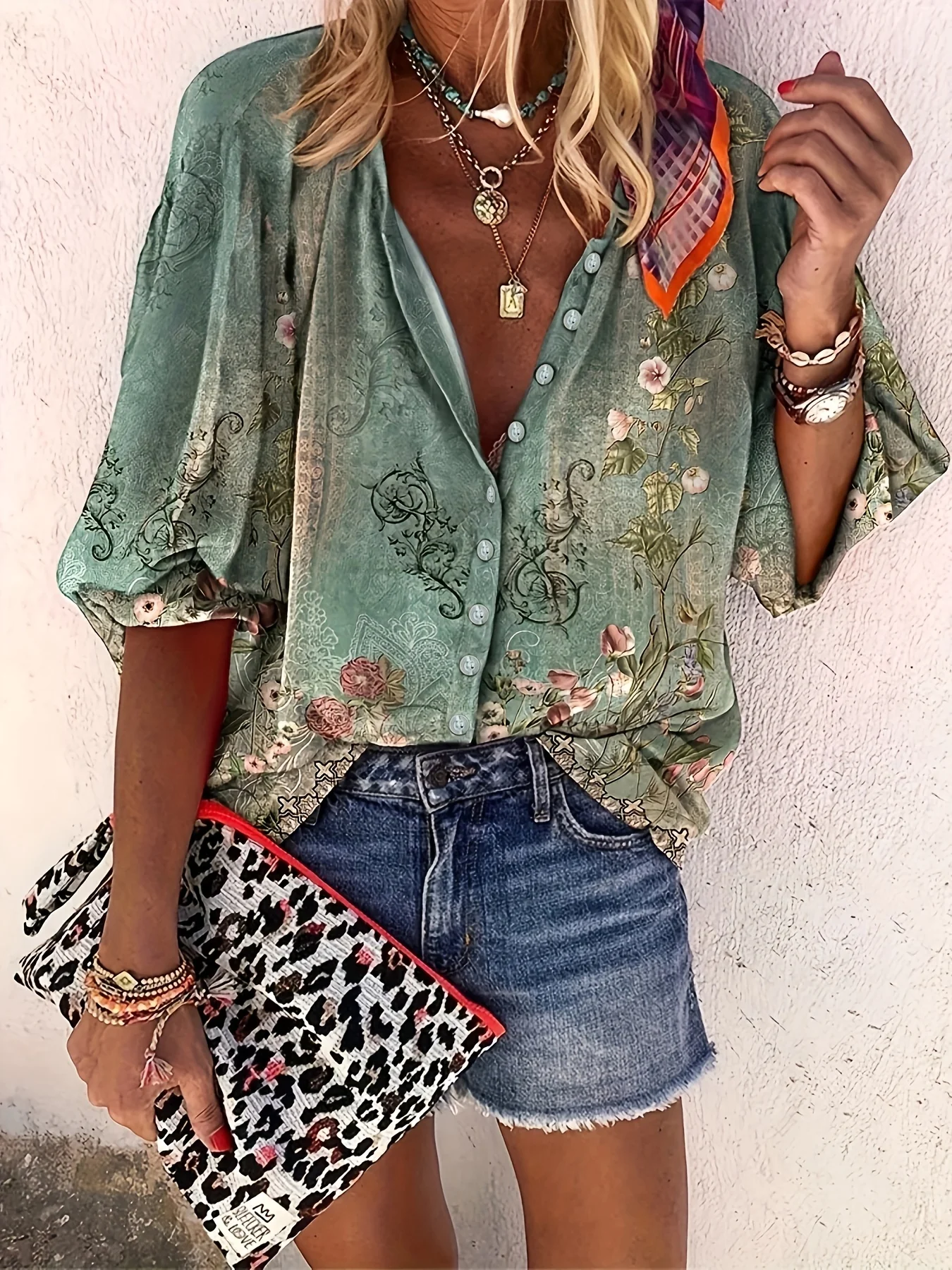 Floral Print Button Front Blouse, Casual Long Sleeve Crew Neck Blouse For Spring & Fall, Women's Clothing - Deanwangkt