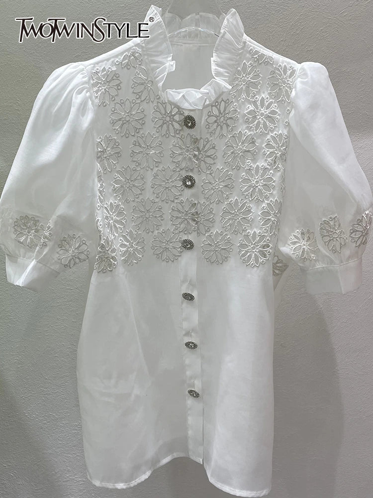 deanwangkt Print Cut Out Shirts For Female Stand Collar Short Sleeve Solid Casual Loose Minimalist Fashion Women Blouses - Deanwangkt