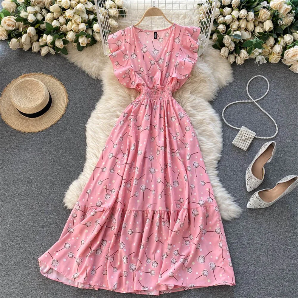 Women Printed Summer French Dress  V-Neck Ruffled High Waist Beach Holiday Midi Dresses Female Sundress Fashion Sweet Gownup - Deanwangkt