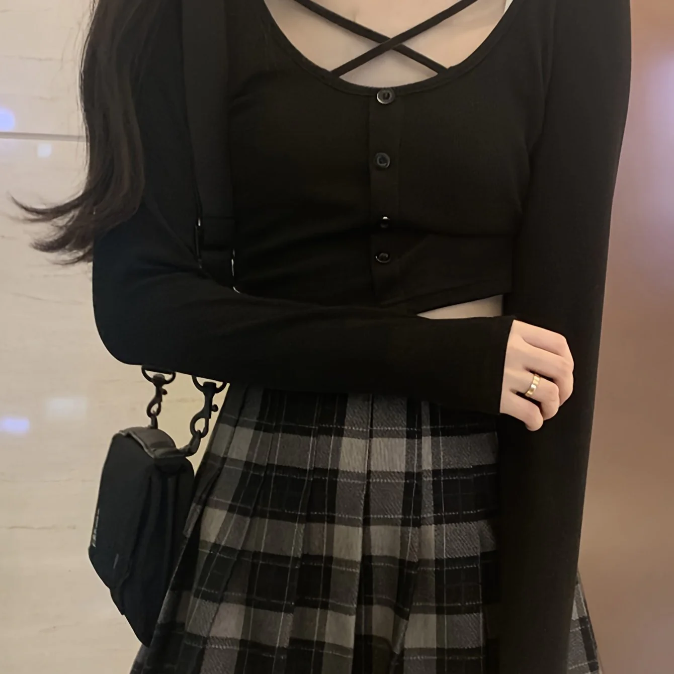 deanwangkt  Button Front Crisscross Crop T-Shirt, Casual Long Sleeve T-Shirt For Spring & Fall, Women's Clothing - Deanwangkt