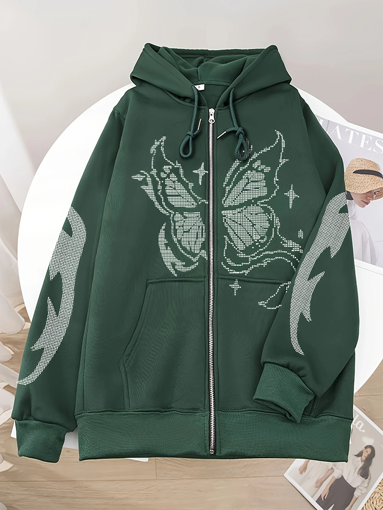 deanwangkt  Butterfly Print Zip Up Hoodies, Casual Long Sleeve Drawstring Sweatshirt, Women's Clothing - Deanwangkt