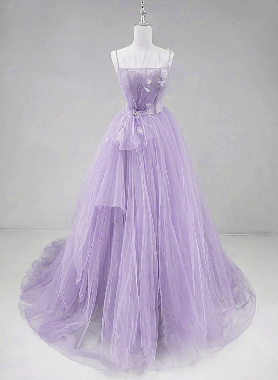 Solvbao Light Purple Tulle Straps Long Formal Dress Evening Dress, A-line Purple Prom Dress - Deanwangkt