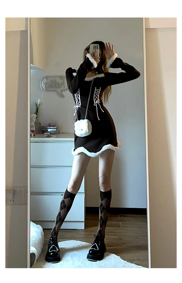 deanwangkt  Winter Sweet Christmas Dress Women Red Kawaii Lolita Party Mini Dresses Warm Korean Night Dresses Ladies Festival Clothing - Deanwangkt