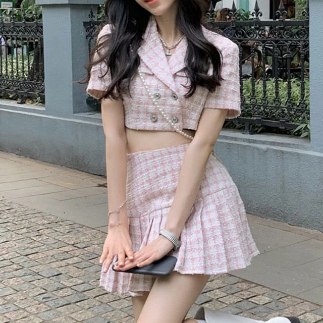 deanwangkt High Quality Fashion Tweed 2 Piece Set Women Short Jacket Coat Crop Top + Skirt Suits Summer Small Fragrance Two Piece Sets - Deanwangkt